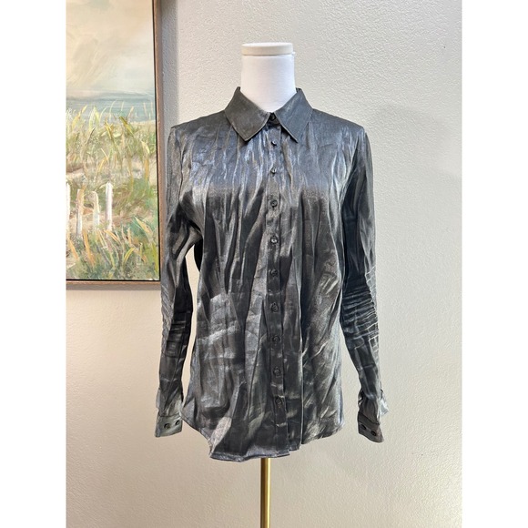 TR Bentley Tops - Bentley Metallic Silver Button Up Blouse Y2K Futuristic Disco Shirt L